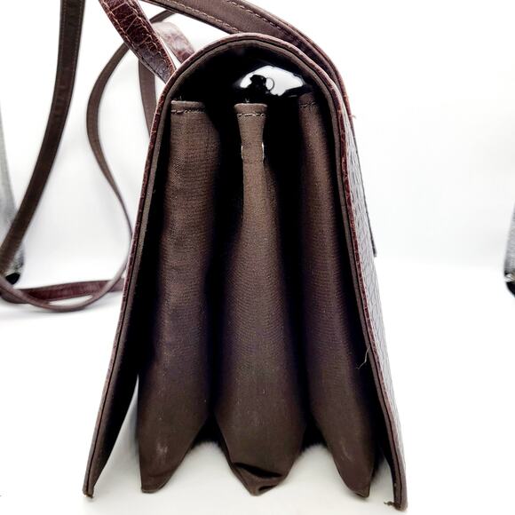 Vintage Bloomingdale's Dark Brown Leather Croc Embossed Envelope Accordion Bag - Picture 4 of 13